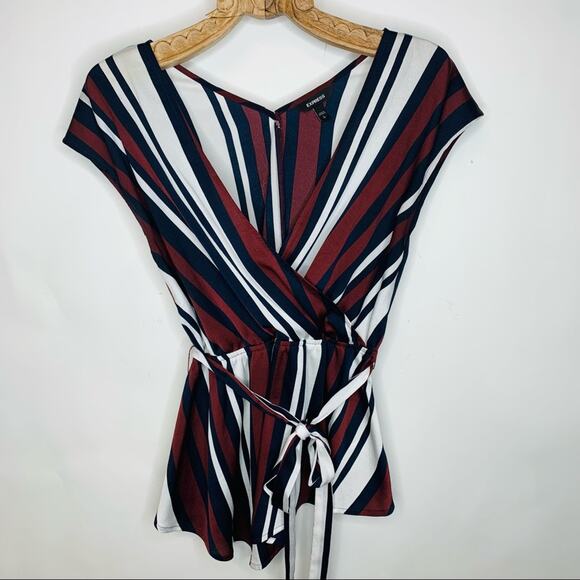 Express Blue Burgundy Strip Wrap Blouse Sz Small - Picture 5 of 9